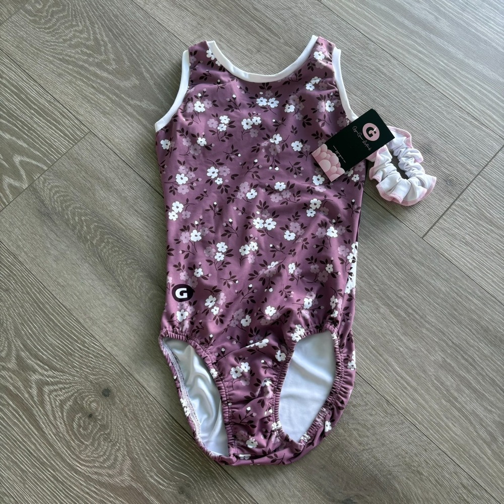 NWT Gym Gear Kids Purple Floral Print Gymnastics/Dance Leotard Size Small 14